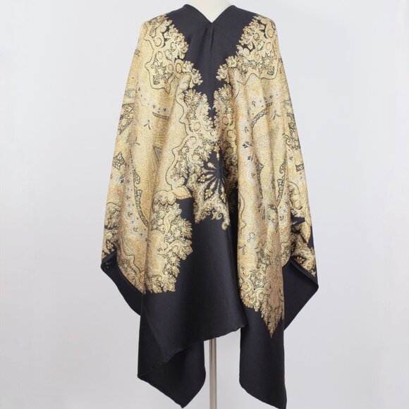 ETRO cape poncho jacket black gold wool metallic paisley pattern - Picture 2 of 13